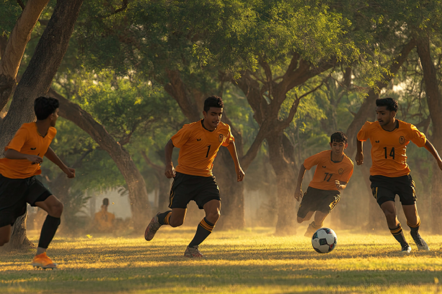 A team huddle demonstrating leadership skills at our football coaching academy in Seoni.